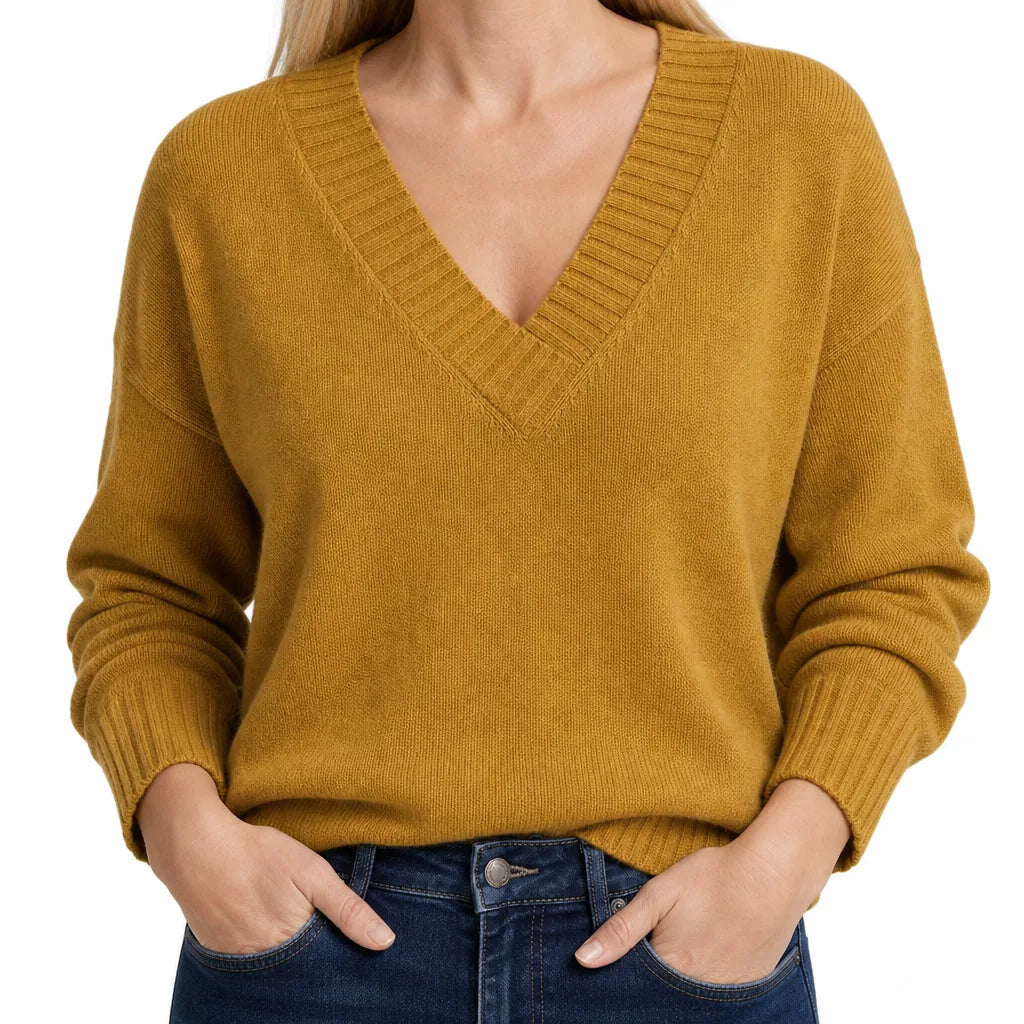 Women's V-Neck Sweater with Ribbed Neckline and Cuffs - Yellow