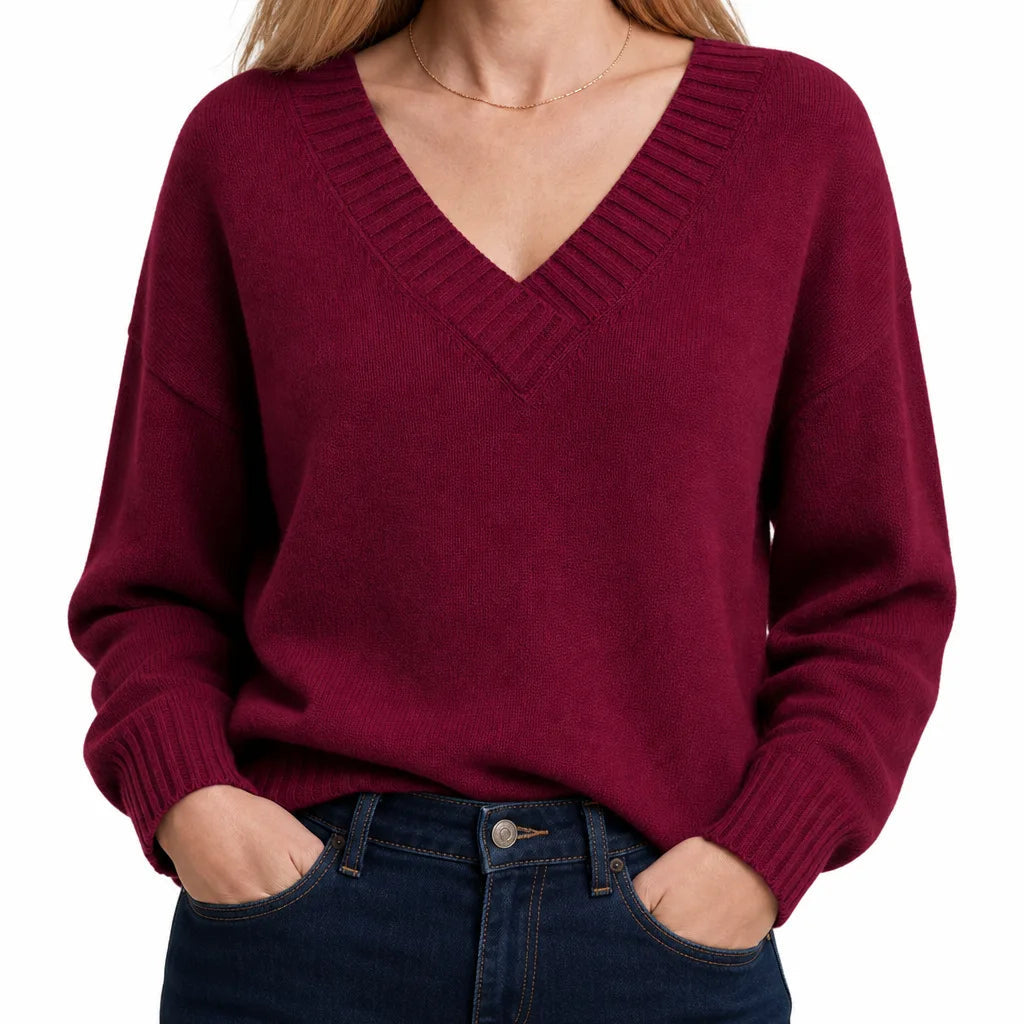 Women's V-Neck Sweater with Ribbed Neckline and Cuffs - Red