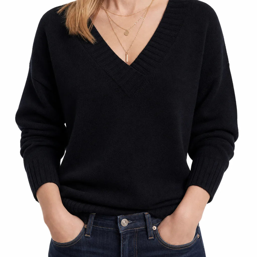 Women's V-Neck Sweater with Ribbed Neckline and Cuffs - Black