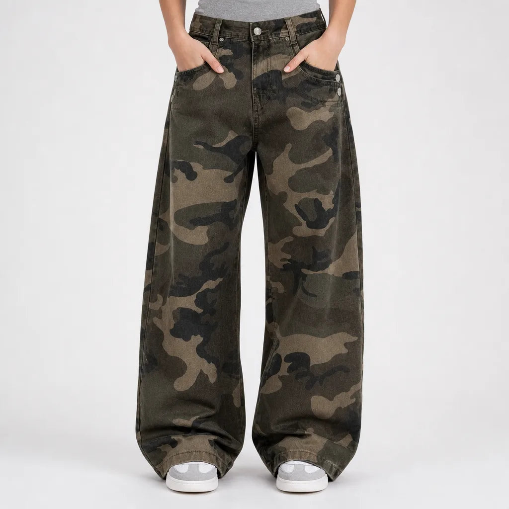 Women's Wide Leg Cargo Pants with Camouflage Pattern - Camo