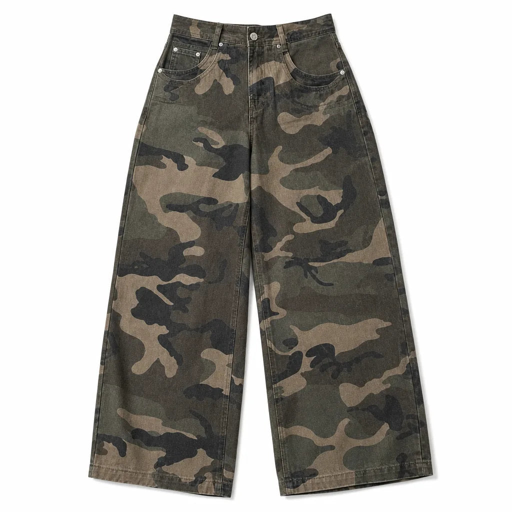 Women's Wide Leg Cargo Pants with Camouflage Pattern - Camo