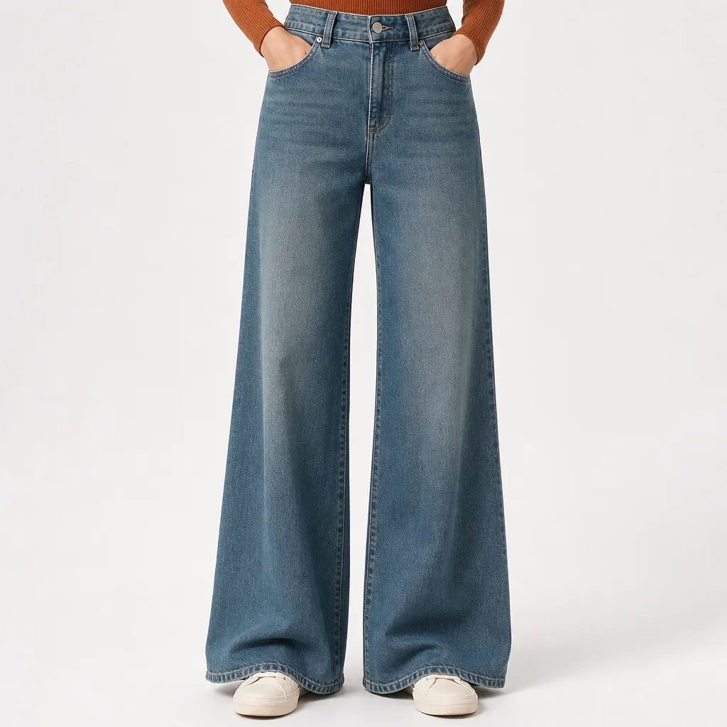 Women's Wide Leg Jeans with Five Pocket Detail - Blue