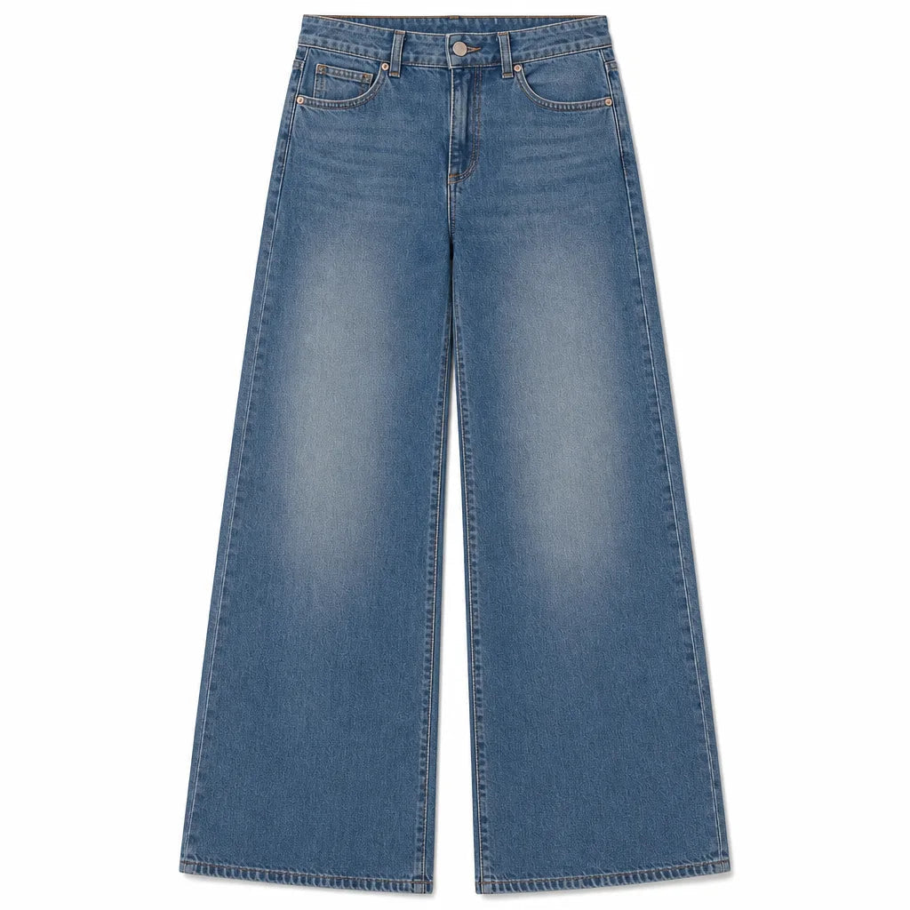 Women's Wide Leg Jeans with Five Pocket Detail - Blue