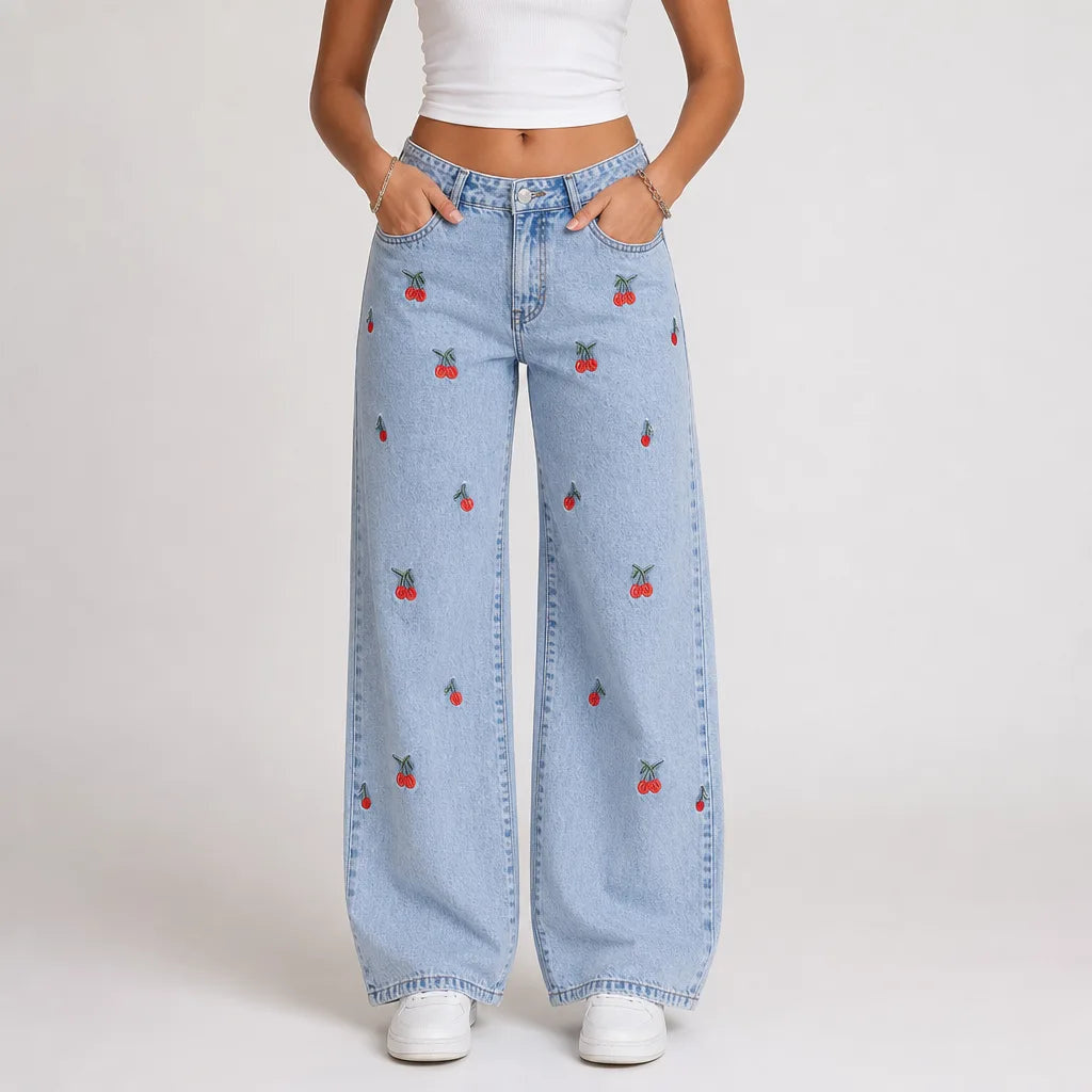 Women's Wide Leg Jeans with Small Floral Motifs - Blue