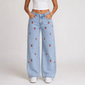 Women's Wide Leg Jeans with Small Floral Motifs - Blue