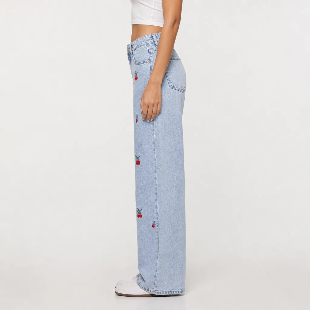 Women's Wide Leg Jeans with Small Floral Motifs - Blue