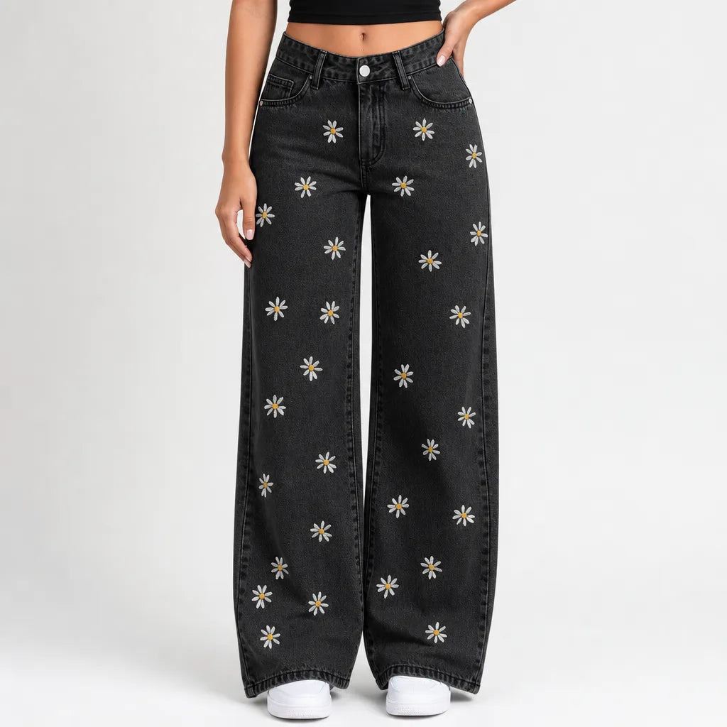 Women's Wide Leg Jeans with Small Floral Motifs - Black
