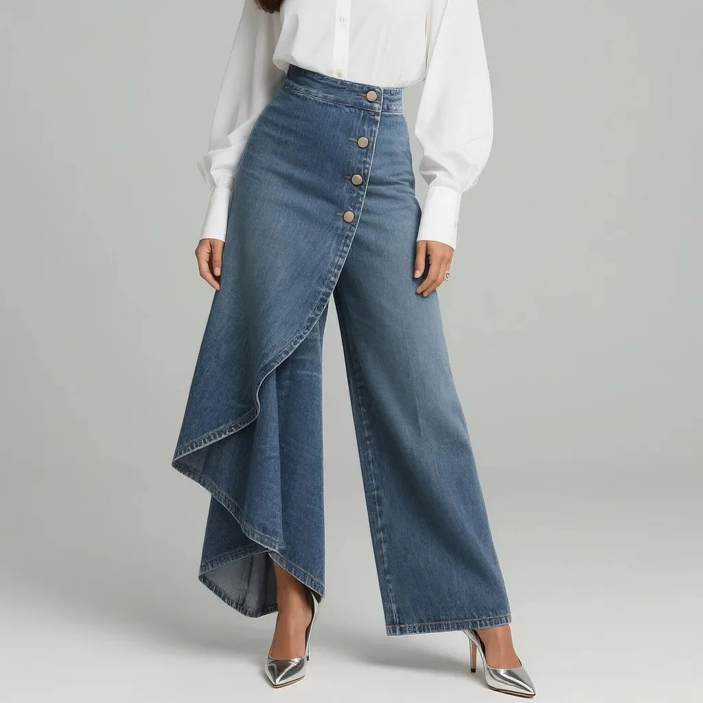 Women's Wide Leg Pants with Asymmetric Wrap Panel - Light Blue