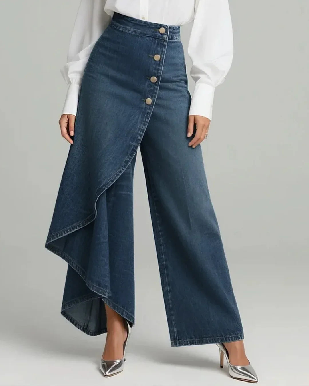 Women's Wide Leg Pants with Asymmetric Wrap Panel - Dark Blue
