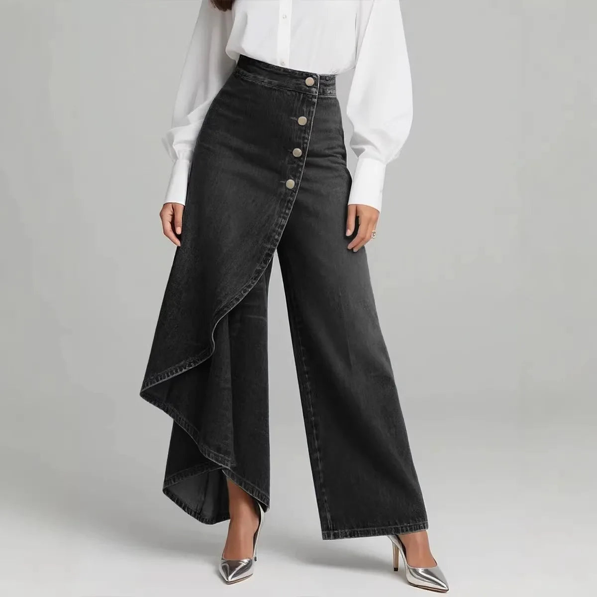 Women's Wide Leg Pants with Asymmetric Wrap Panel - Black