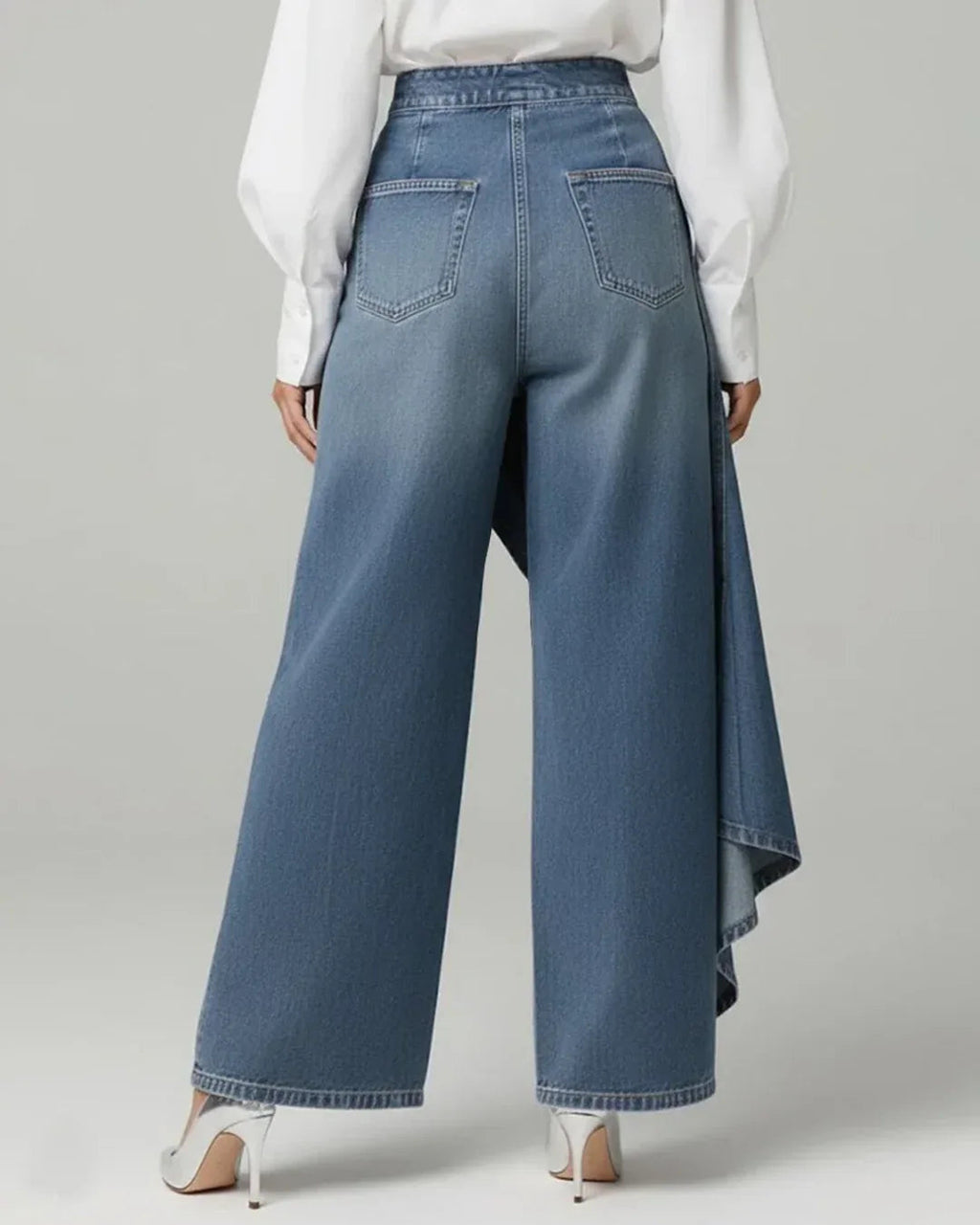 Women's Wide Leg Pants with Asymmetric Wrap Panel - Light Blue