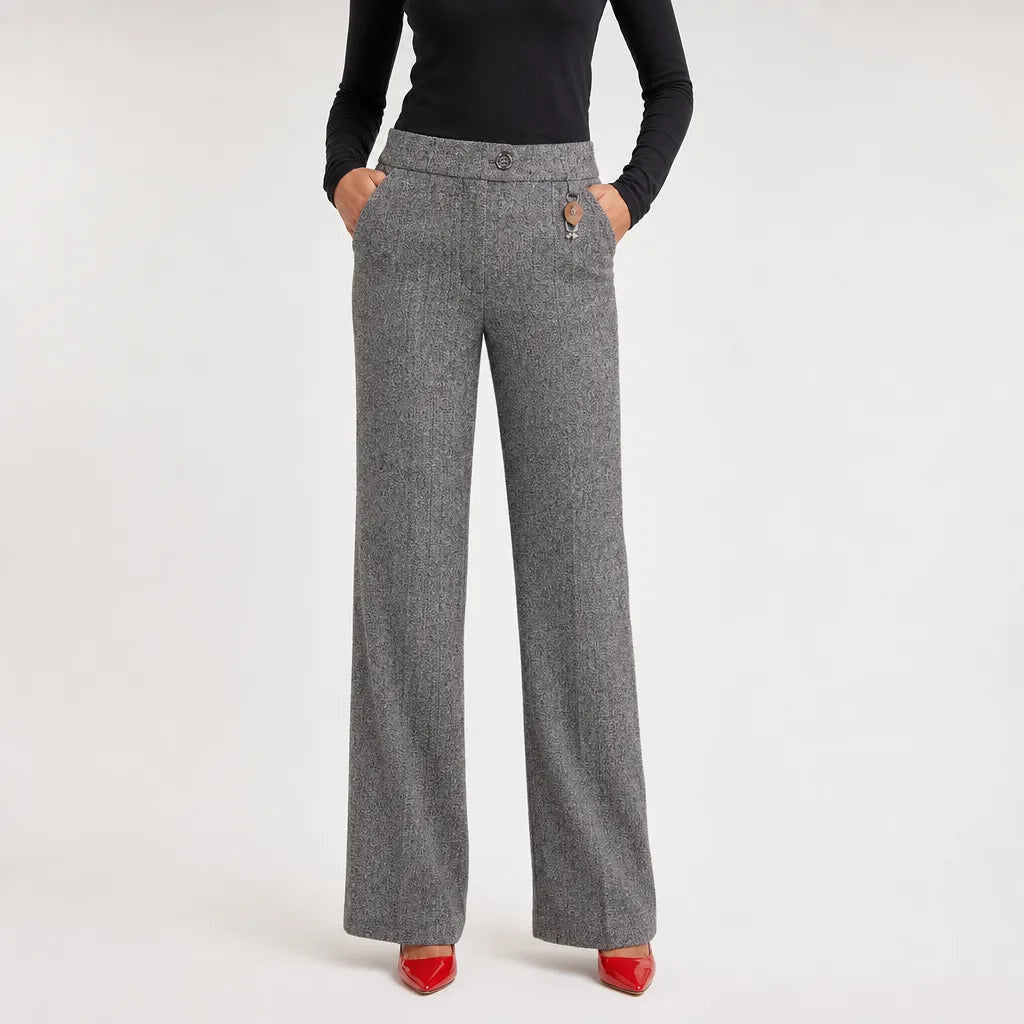Women's Wide Leg Pants with Button Tab and Side Pockets - Gray