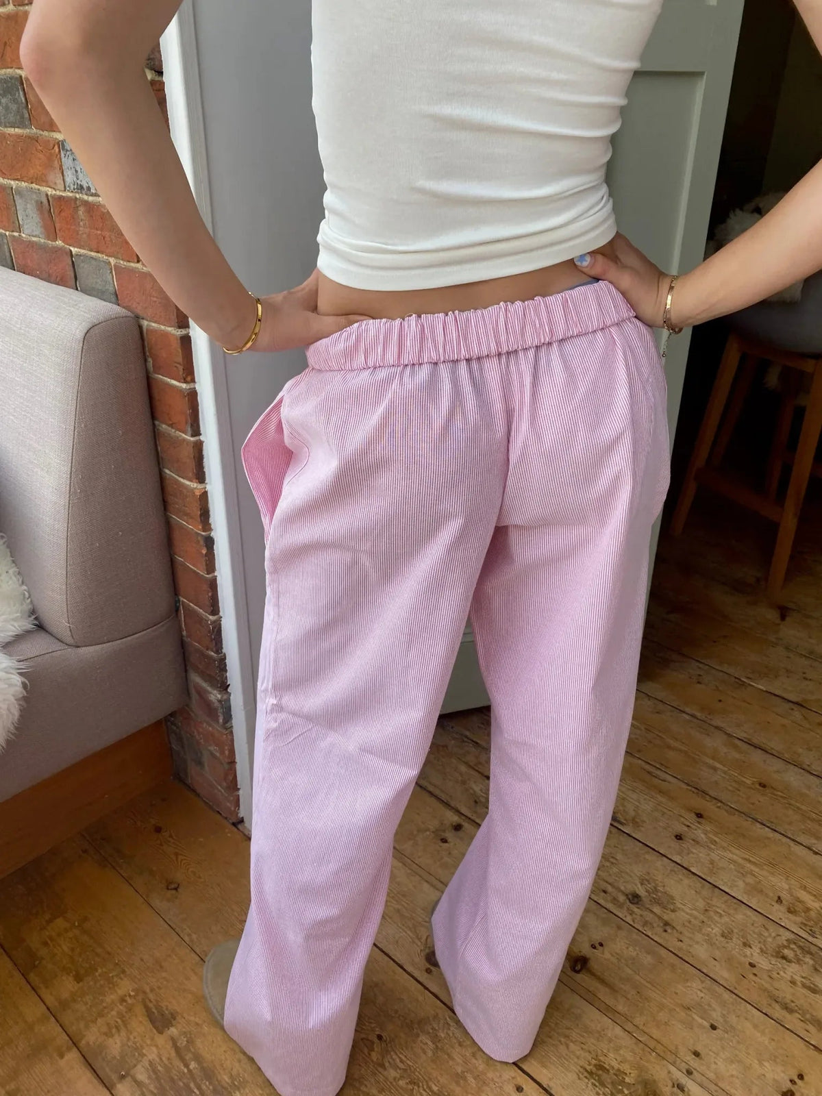 Women's Wide Leg Pants with Gathered Elastic Waist - Pink