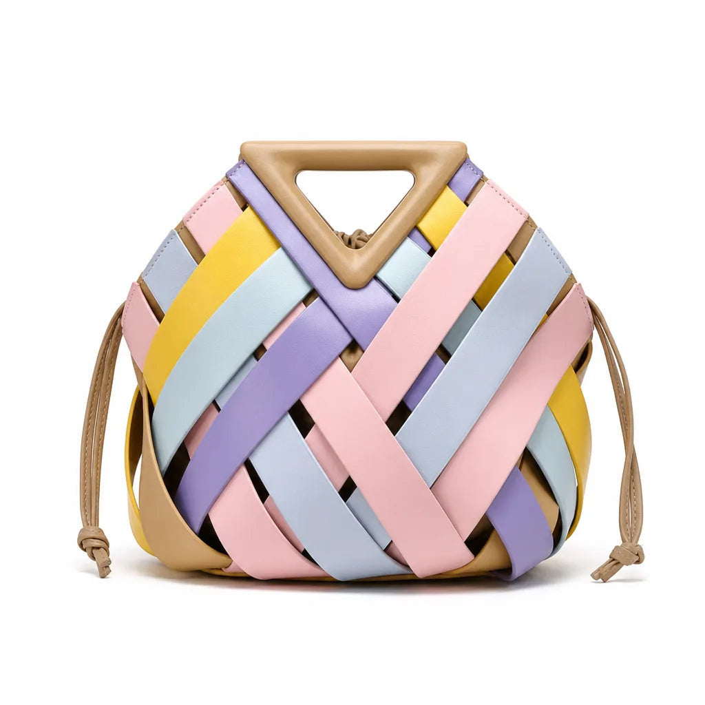 Women's Woven Panel Bag with Triangular Top Handle - Multicolor