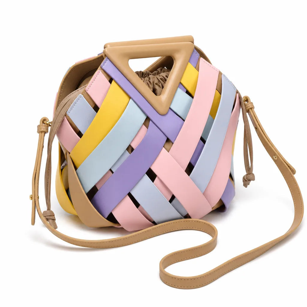 Women's Woven Panel Bag with Triangular Top Handle - Multicolor