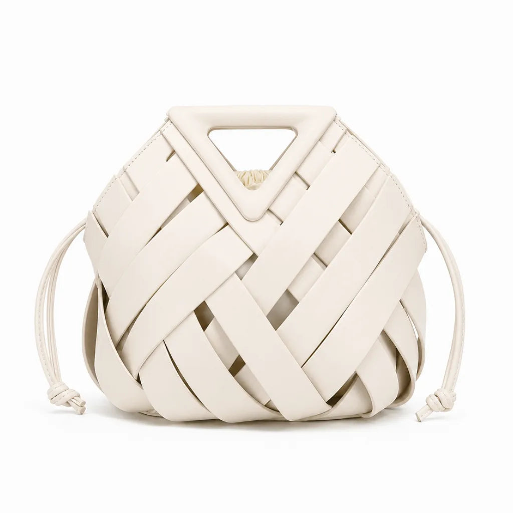 Women's Woven Panel Bag with Triangular Top Handle - White