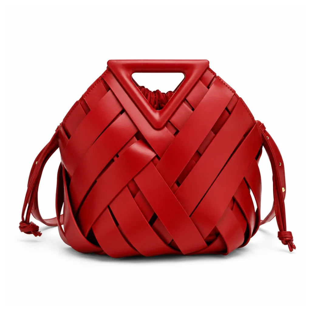 Women's Woven Panel Bag with Triangular Top Handle - Red