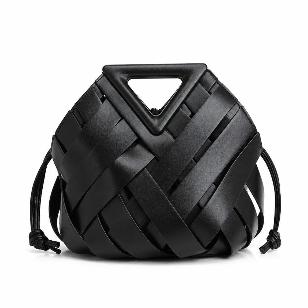 Women's Woven Panel Bag with Triangular Top Handle - Black
