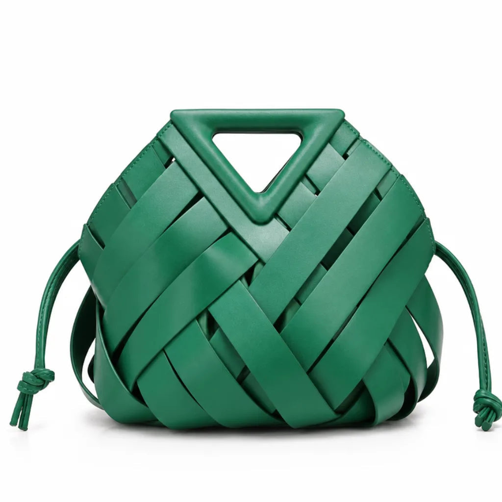 Women's Woven Panel Bag with Triangular Top Handle - Green