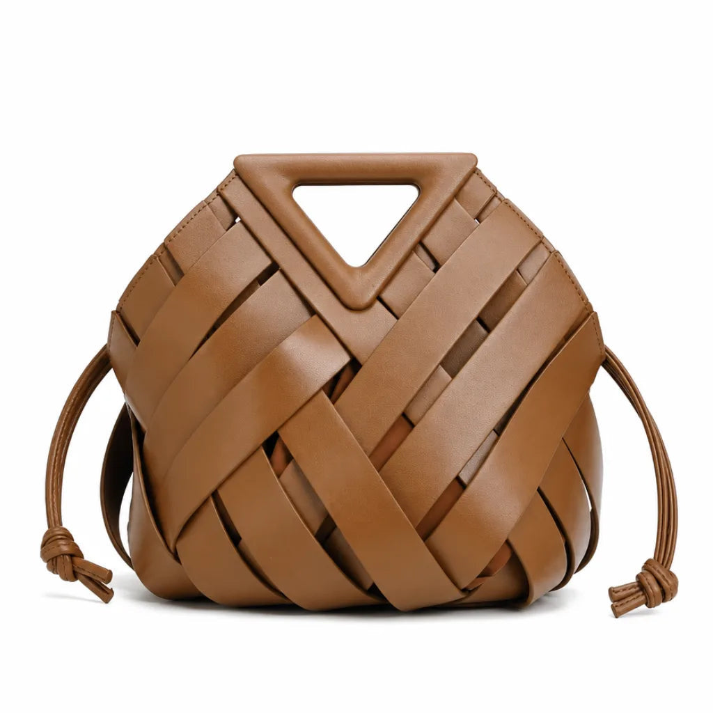 Women's Woven Panel Bag with Triangular Top Handle - Brown