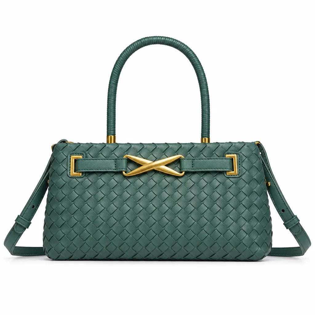 Women's Woven Pattern Tote Bag with Crossed Metal Detail - Green
