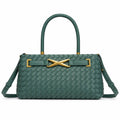 Women's Woven Pattern Tote Bag with Crossed Metal Detail - Green