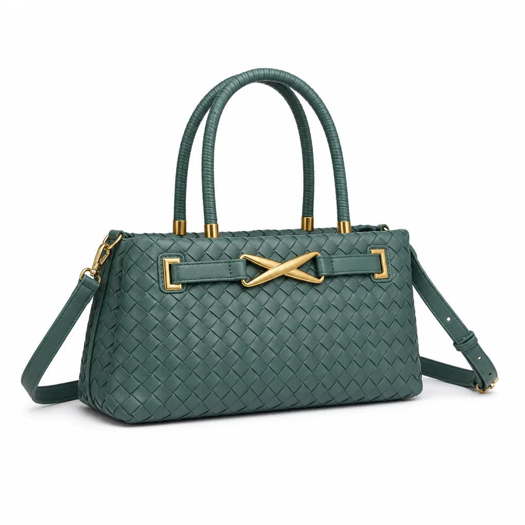 Women's Woven Pattern Tote Bag with Crossed Metal Detail - Green