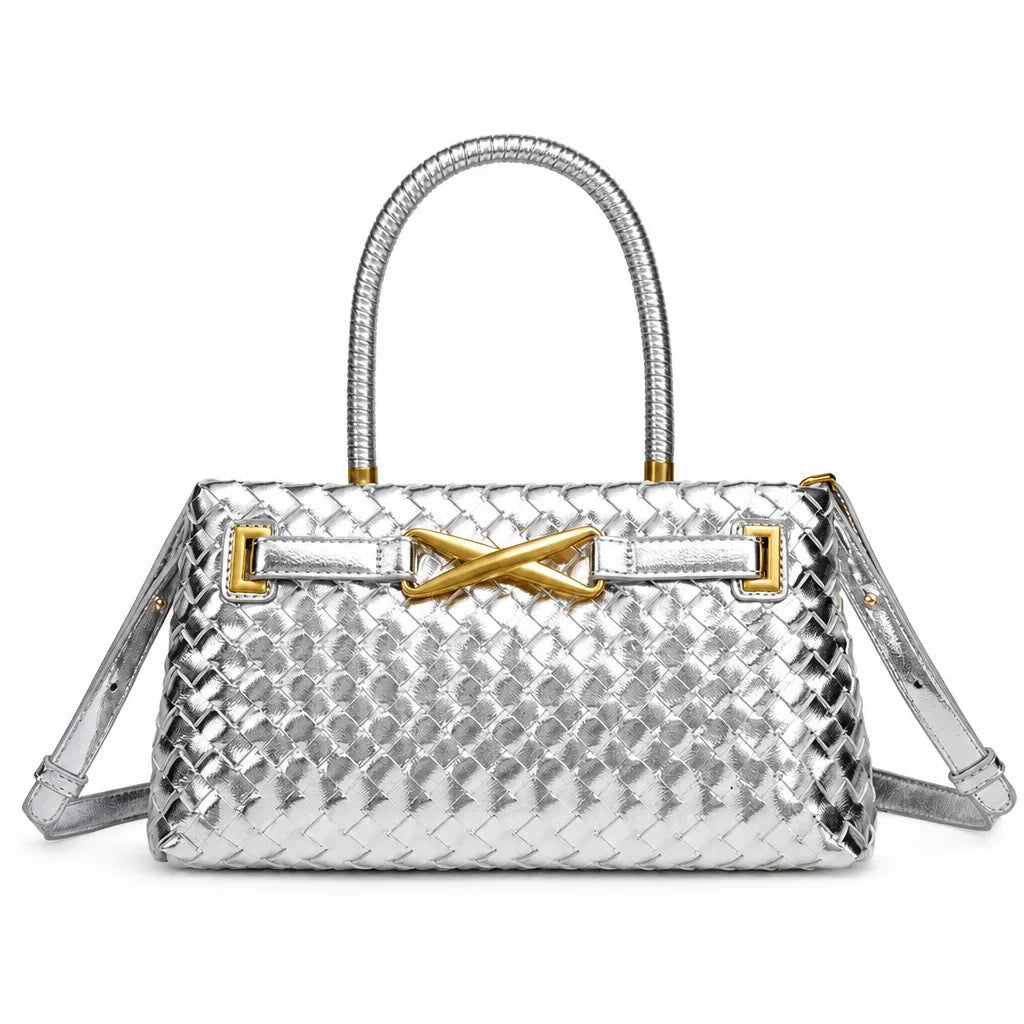 Women's Woven Pattern Tote Bag with Crossed Metal Detail - Gray