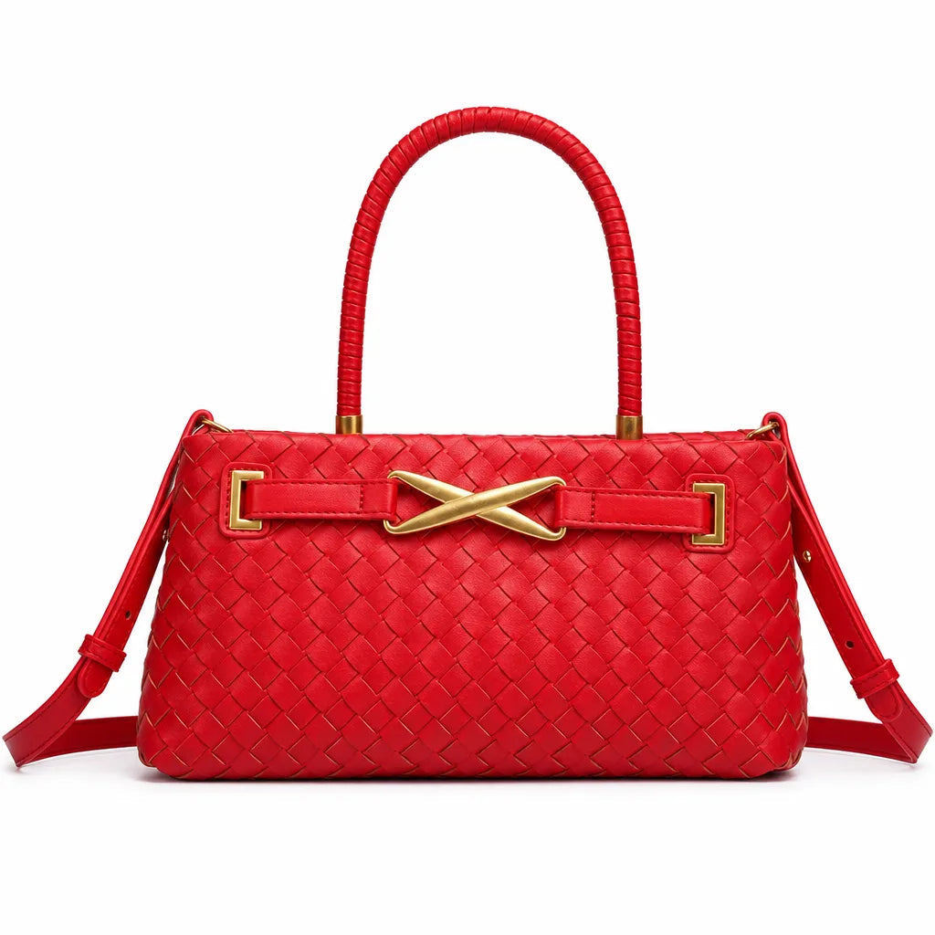 Women's Woven Pattern Tote Bag with Crossed Metal Detail - Red