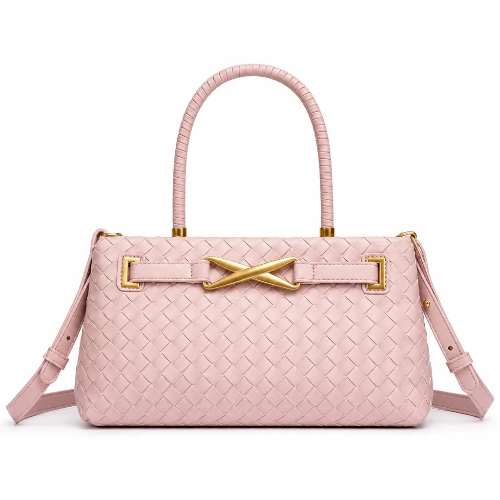 Women's Woven Pattern Tote Bag with Crossed Metal Detail - Pink