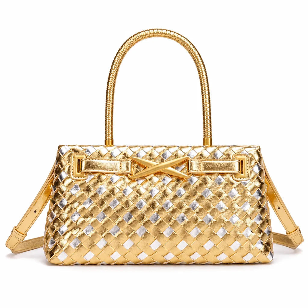 Women's Woven Pattern Tote Bag with Crossed Metal Detail - Gold and Silver