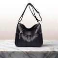 Women's Zip Shoulder Bag with Curved Top and Front Pockets - Black