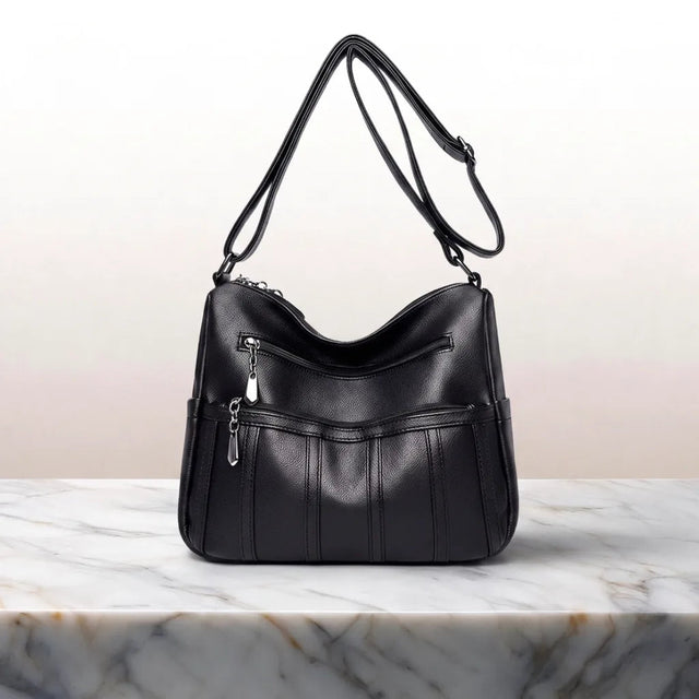 Women's Zip Shoulder Bag with Curved Top and Front Pockets - Black