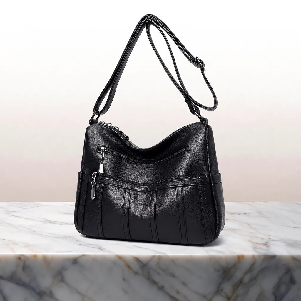 Women's Zip Shoulder Bag with Curved Top and Front Pockets - Black