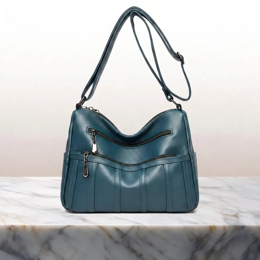 Women's Zip Shoulder Bag with Curved Top and Front Pockets - Blue