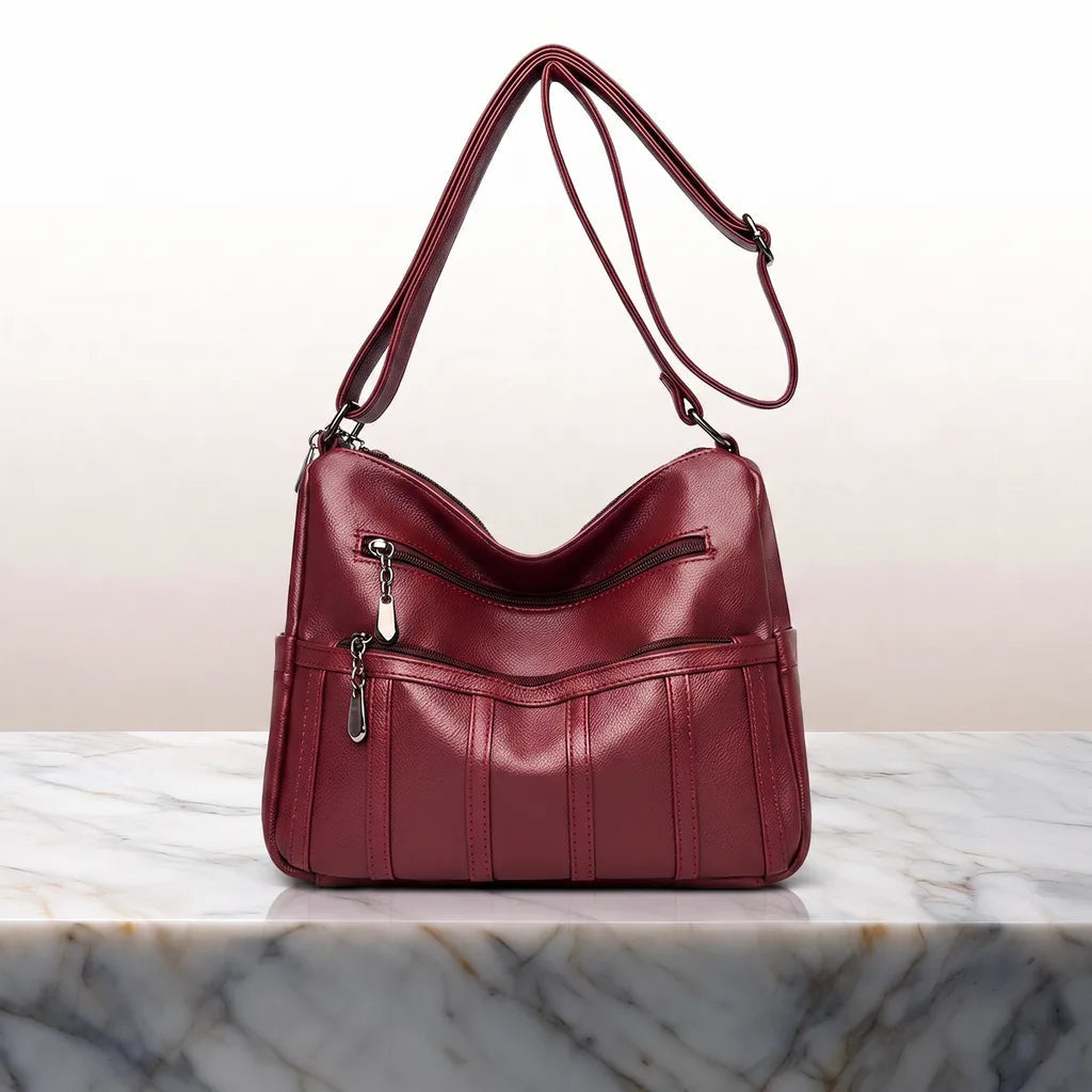 Women's Zip Shoulder Bag with Curved Top and Front Pockets - Red